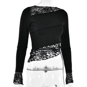 Detail of black long sleeve top showing delicate floral lace patchwork and sheer panels