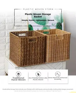 Macro shot of brown faux rattan woven storage baskets with handles on a white cabinet shelf