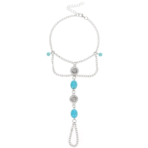 Böhmische Silber-Türkis-Handschmuck-Kette mit mehrlagigen Quasten und Sonnenmuster