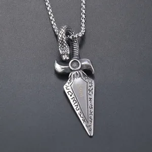 Vintage stainless steel snake arrow pendant with Viking runes and round bead chain