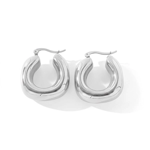 Detail view of chunky silver U-shaped hoop earrings with dimensions 26.8mm and 27.3mm