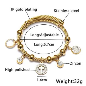 Bracelet ajustable en acier inoxydable doré avec pendentif croix et pierres zircon