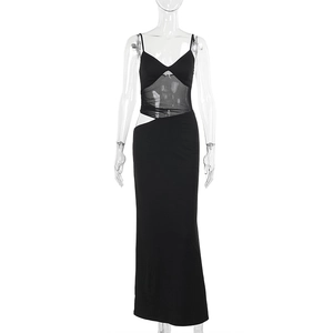 Detail of black slim fit maxi dress featuring sexy mesh patchwork and waist cut-outs