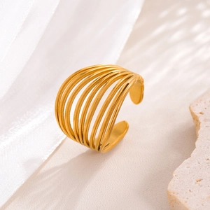 Minimalist wide multi-layer open ring in matte 18k gold plated stainless steel