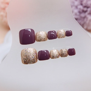 Deep purple and champagne gold glitter press-on toe nails set in elegant glossy finish