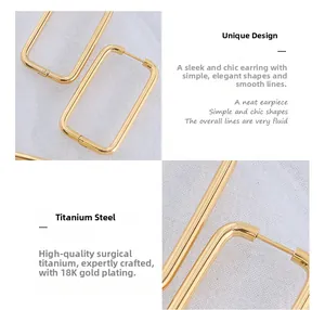 Macro detail of 18K gold plated titanium steel rectangular hoop earrings with sleek finish