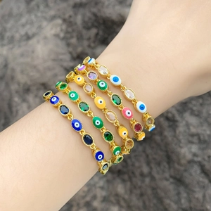 Evil Eye Bracelet Copper 18K Gold Plated Colorful Cubic Zirconia Enamel Adjustable Sliding Buckle Bohemian Style Women