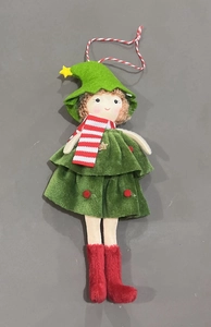 Detailed view of Christmas elf plush pendant made of green and red felt on gray background