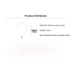 Detailed specs of stainless steel necklace featuring a light-toned square stone pendant