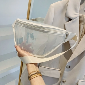 Modern transparent PVC chest bag with white leather trim and adjustable strap for women