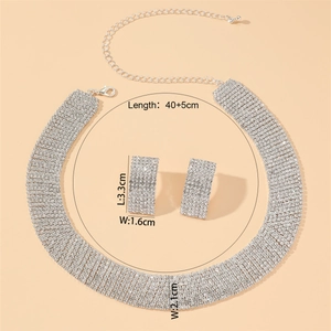 Detailed size specifications for silver rhinestone bridal necklace and earring set