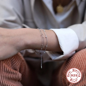 Elegant S925 sterling silver double-layer chain bracelet with delicate beads for women