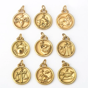 Zodiac Pendants Stainless Steel Gold Plated Round Coin Charms Double Sided Constellation Relief DIY Jewelry Making Accessories