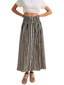 Elegant high-waisted black and white striped A-line long skirt with button details