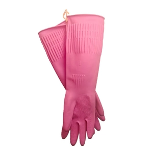 Pink durable latex cleaning gloves with non-slip texture for household dishwashing tasks