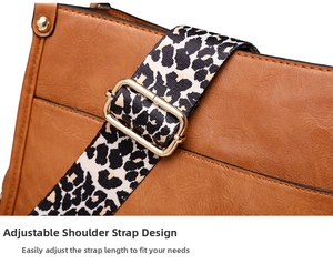 Close-up of brown faux leather tote bag showing leopard print strap and gold buckle detail