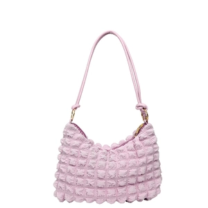 Pink bubble texture hobo shoulder bag with pleated fabric and gold metal hardware