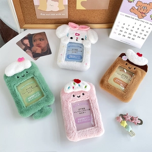 Cute Plush Photo Card Holder Transparent PVC Window Cartoon Animal Design With Keychain For Kpop Idol Cards Bus Cards