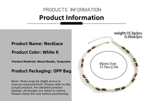 Detailed size and material guide for bohemian wood bead and turquoise men's necklace
