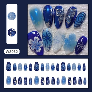 Blue and white 3D butterfly press-on nails with starry sky marble design W2082