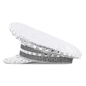 Sparkly silver sequin captain hat with rhinestones and studs for party and stage performance