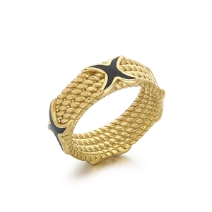 Gold stainless steel hip hop ring with black enamel X pattern and rope texture