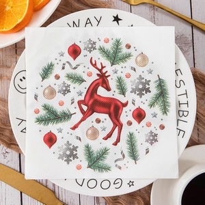 Christmas Printed Paper Napkins Wood Pulp Holiday Table Decor Xmas Party Reindeer Santa Theme Disposable Serviettes