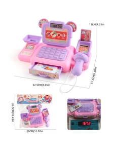 Kids toy cash register set with scanner, credit card, and dimension labels for play