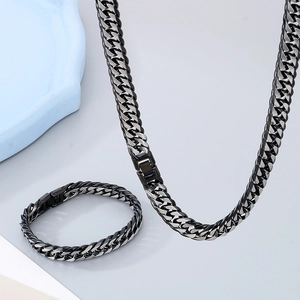 Détails de l'ensemble chaîne cubaine bicolore argent et noir mat pour hommes