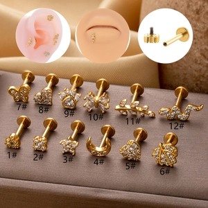 Stainless Steel Internal Thread Lip Stud Copper Cubic Zirconia Cartilage Piercing Flower Butterfly Snake Flat Back Stud