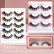 5 pairs of 8D faux mink lashes with colorful highlights in pink gradient packaging