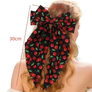 Large black cherry print double bow hair clip with long ribbons in French vintage style