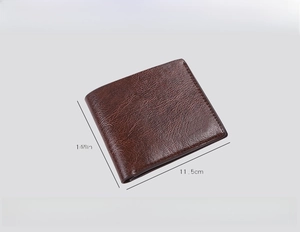 Close-up of men's bifold wallet with lychee leather texture and size measurements