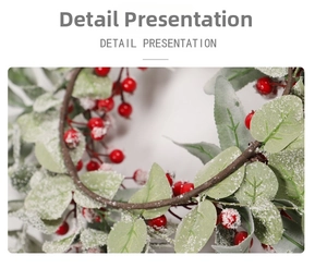 Close-up of artificial red berries and snowy eucalyptus leaves on Christmas wreath