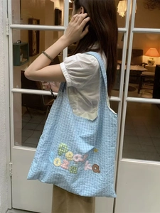 Chic light blue plaid shoulder bag with colorful 3D letter embroidery for women