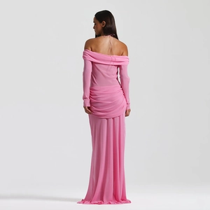 Back view of a sexy pink off-shoulder long-sleeve maxi dress with ruched detail