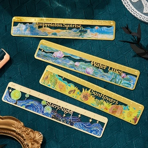 Set of 4 golden brass bookmarks featuring Monet and Van Gogh Impressionist oil paintings