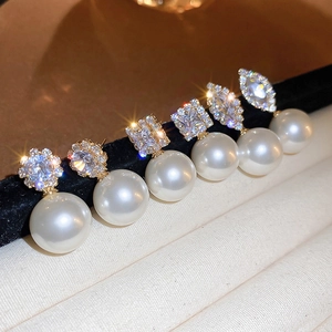 Elegant pearl earrings with round square and teardrop cubic zirconia in silver pin style