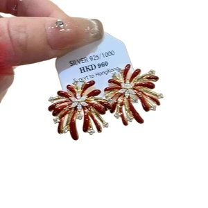 Elegant S925 silver red enamel fireworks earrings with gold accents and sparkling crystals