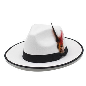 White wool fedora hat with black ribbon band and vibrant feather detail for winter