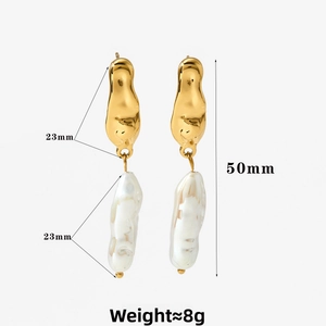 Detailed view of baroque pearl earrings with dimensions showing 50mm total length