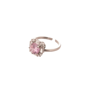 Adjustable silver ring featuring a round pink stone surrounded by sparkling zircons