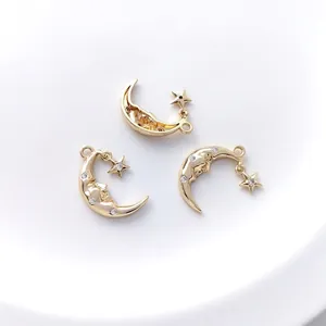 14K gold plated moon and star pendant with zirconia for DIY necklace jewelry making