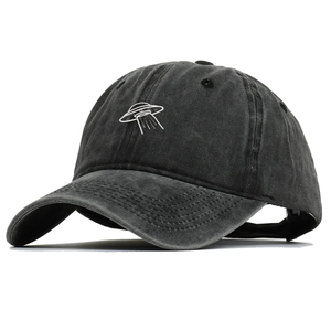 Vintage washed cotton baseball cap in charcoal grey with white UFO embroidery on front
