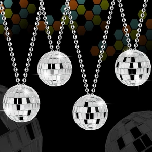 Detail of four silver disco ball necklaces with reflective mirror tiles and bead chains