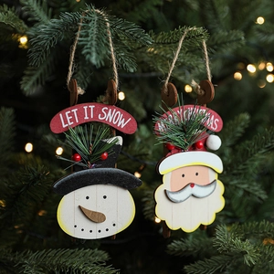 Wooden Christmas Hanging Ornaments Santa Claus Snowman Sled Pendants Artificial Pine Berries Rustic Holiday Tree Decoration