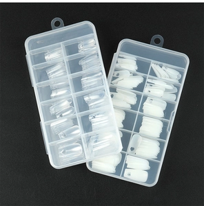 Clear and natural coffin nail tips with heart cutouts in 10-grid storage boxes