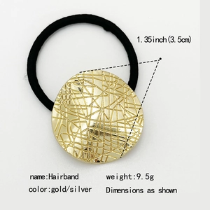 Detailed specs of a 3.5cm gold hairband with geometric texture and elastic tie