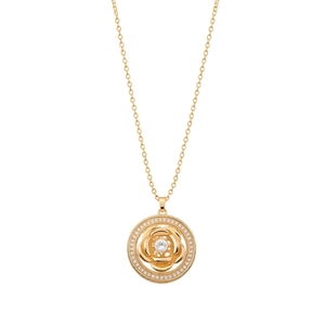 Vintage gold necklace with rotating zircon flower pendant on a thin cross chain