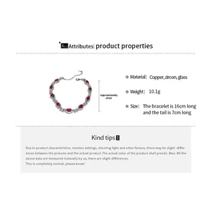 Detail view of red marquise zircon bracelet with copper chain specs and dimensions